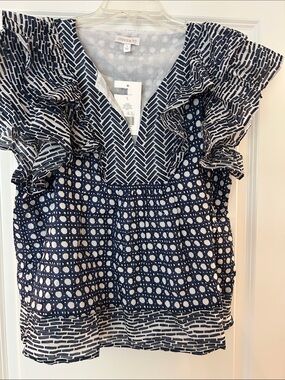 crown & ivy Navy and White Patterned Ruffle Sleeve V-Neck Blouse
